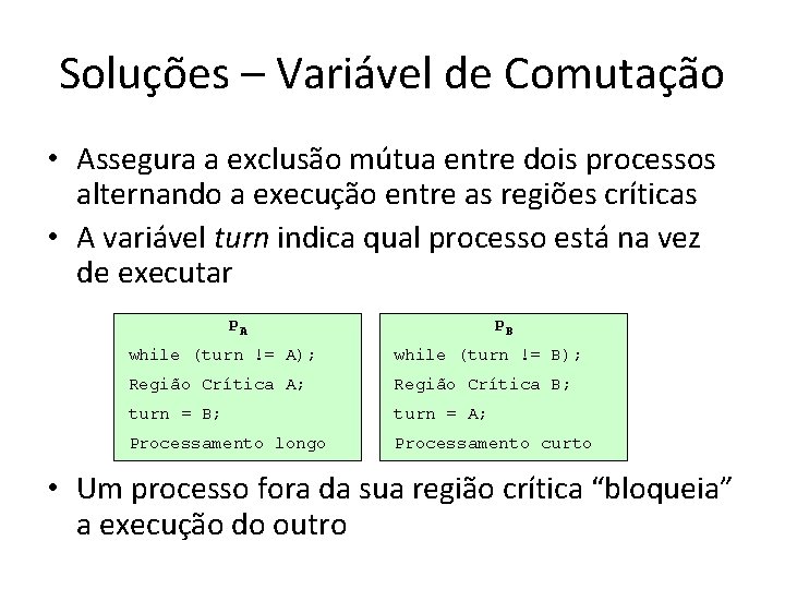 Soluções – Variável de Comutação • Assegura a exclusão mútua entre dois processos alternando