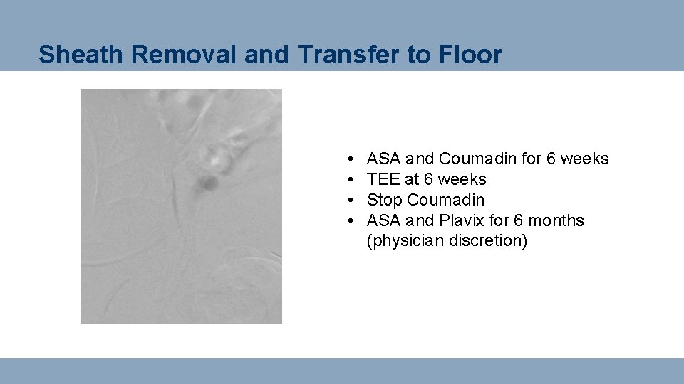 Sheath Removal and Transfer to Floor • • ASA and Coumadin for 6 weeks