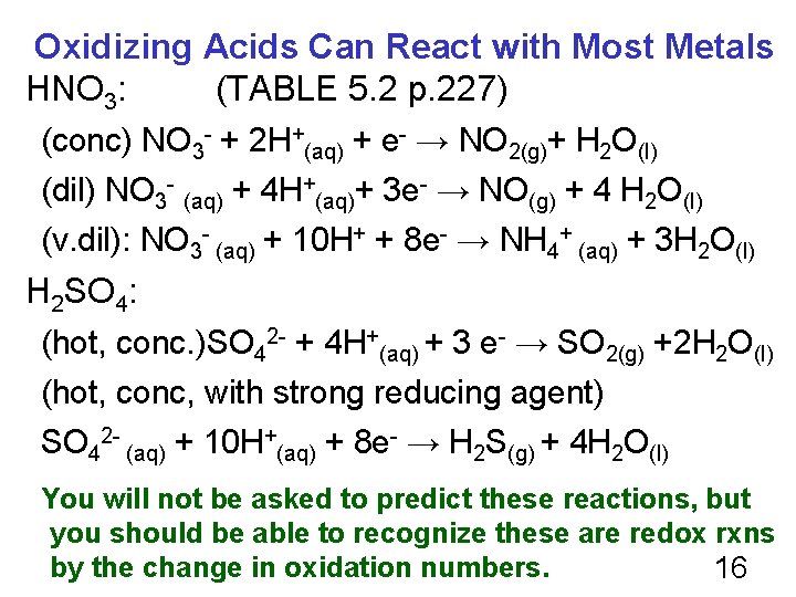 Oxidizing Acids Can React with Most Metals HNO 3: (TABLE 5. 2 p. 227)