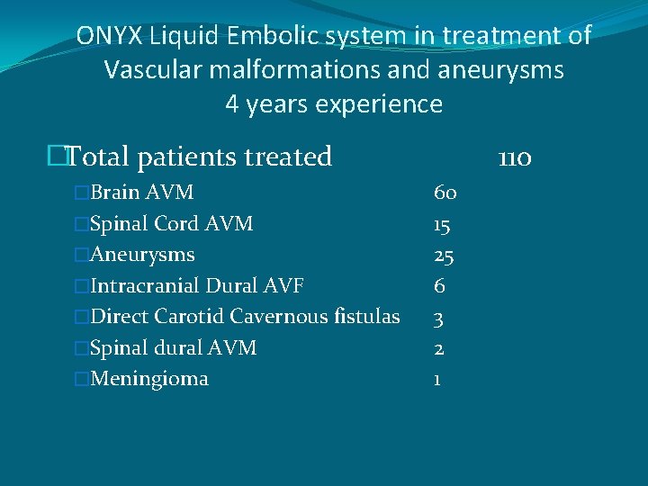 ONYX Liquid Embolic system in treatment of Vascular malformations and aneurysms 4 years experience