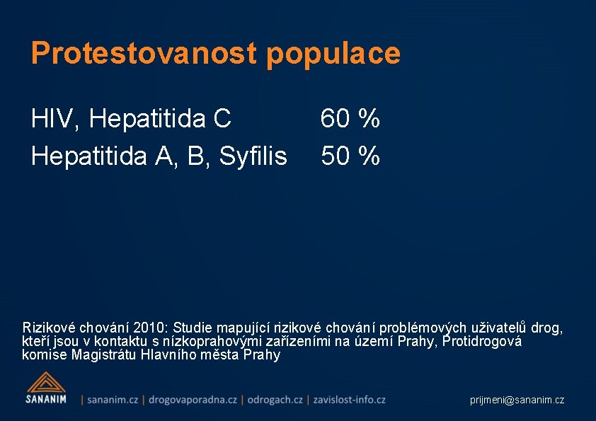 Protestovanost populace HIV, Hepatitida C Hepatitida A, B, Syfilis 60 % 50 % Rizikové