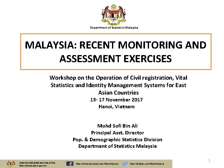 Department of Statistics Malaysia MALAYSIA: RECENT MONITORING AND ASSESSMENT EXERCISES Workshop on the Operation