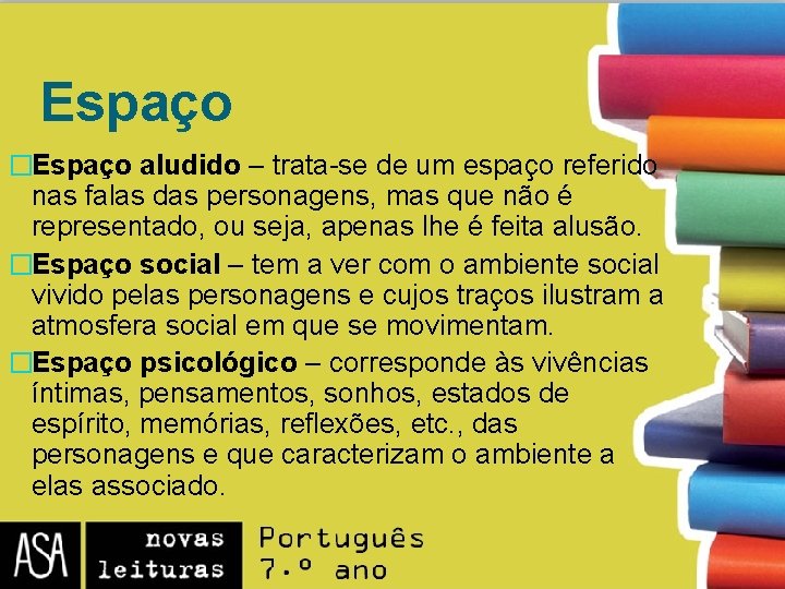 Espaço �Espaço aludido – trata-se de um espaço referido nas falas das personagens, mas