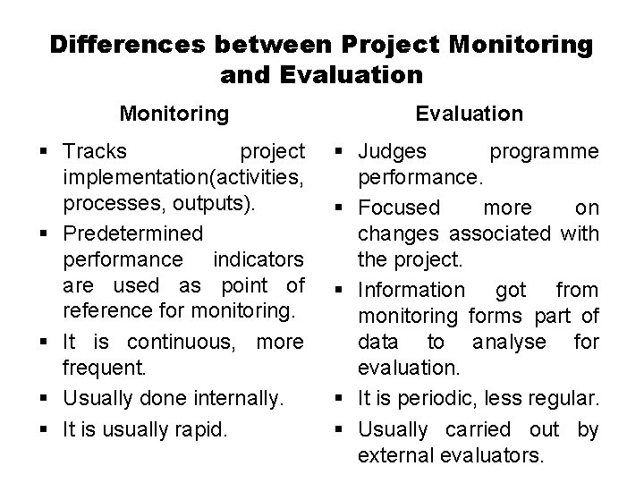 Differences between Project Monitoring and Evaluation Monitoring Evaluation § Tracks project implementation(activities, processes, outputs).