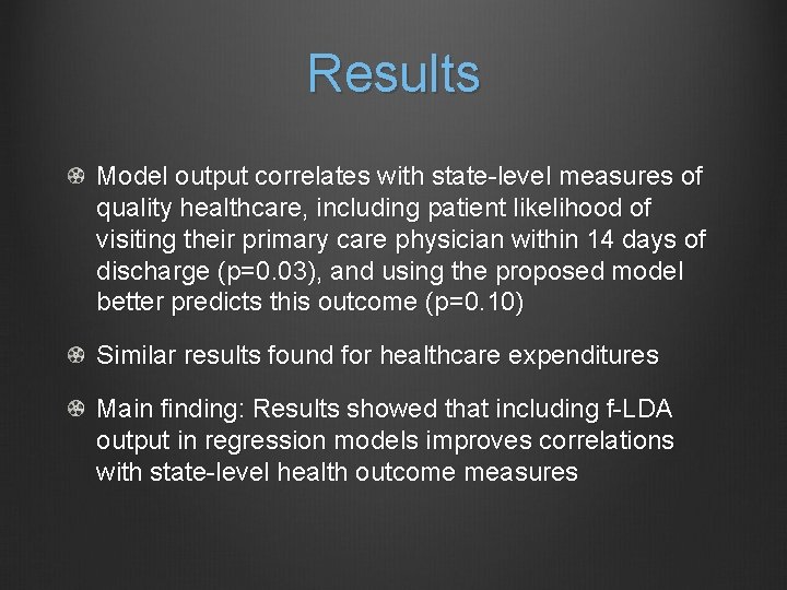Results Model output correlates with state-level measures of quality healthcare, including patient likelihood of