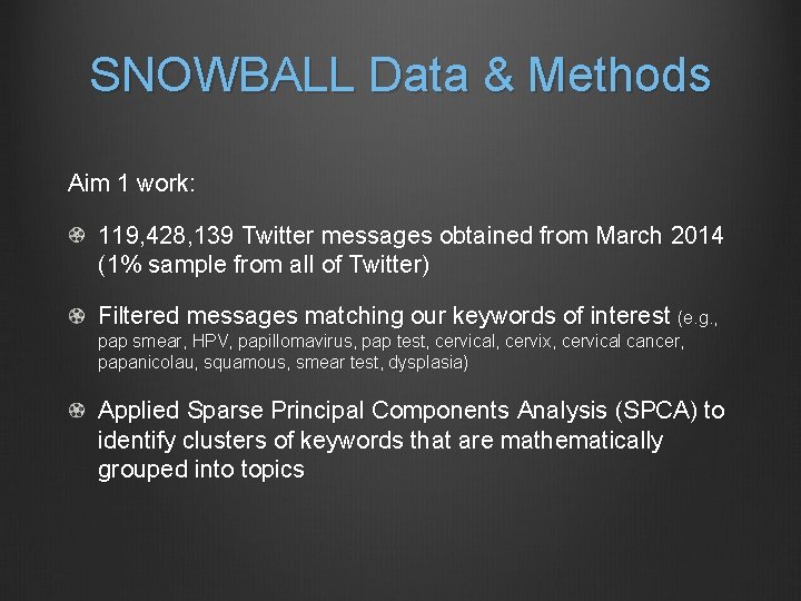 SNOWBALL Data & Methods Aim 1 work: 119, 428, 139 Twitter messages obtained from