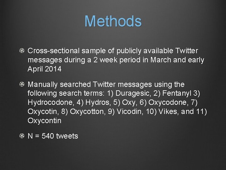 Methods Cross-sectional sample of publicly available Twitter messages during a 2 week period in