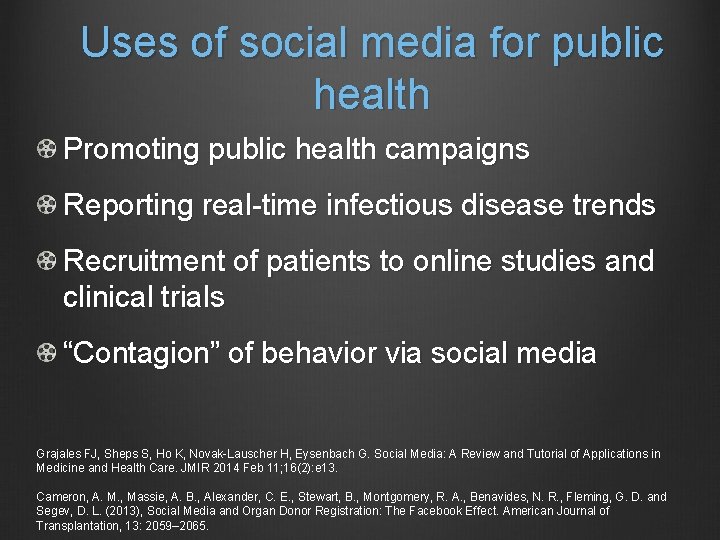 Uses of social media for public health Promoting public health campaigns Reporting real-time infectious