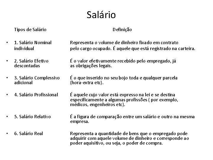 Salário Tipos de Salário Definição • 1. Salário Nominal individual Representa o volume de