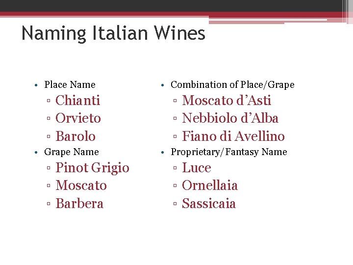 Naming Italian Wines • Place Name • Combination of Place/Grape ▫ Chianti ▫ Orvieto