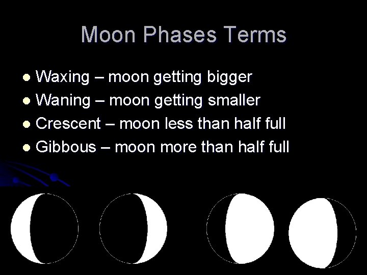 Moon Phases Terms Waxing – moon getting bigger l Waning – moon getting smaller