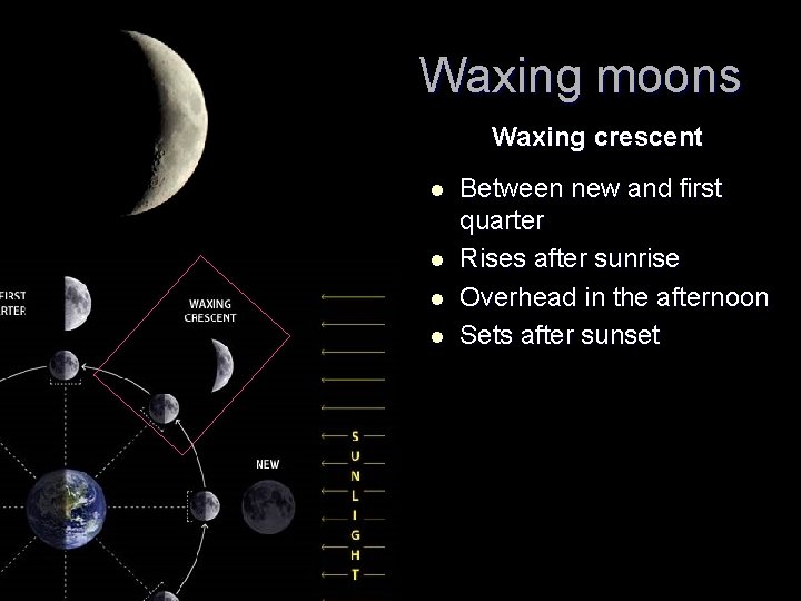 Waxing moons Waxing crescent l l Between new and first quarter Rises after sunrise