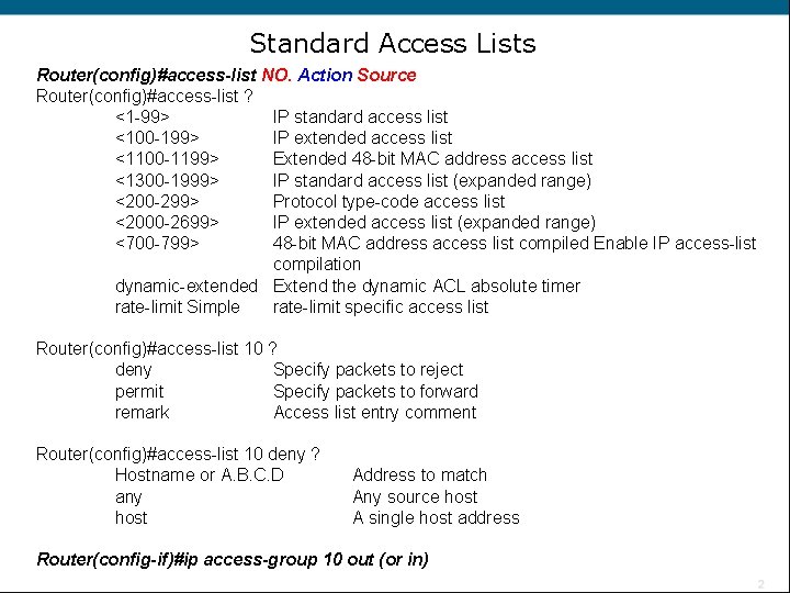 Standard Access Lists Router(config)#access-list NO. Action Source Router(config)#access-list ? <1 -99> IP standard access