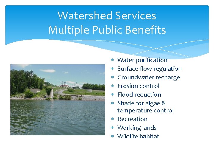 Watershed Services Multiple Public Benefits Water purification Surface flow regulation Groundwater recharge Erosion control