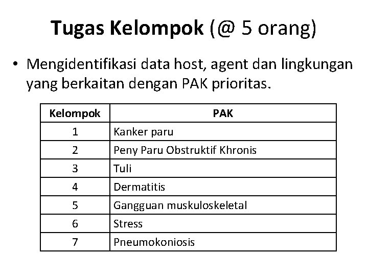 Tugas Kelompok (@ 5 orang) • Mengidentifikasi data host, agent dan lingkungan yang berkaitan