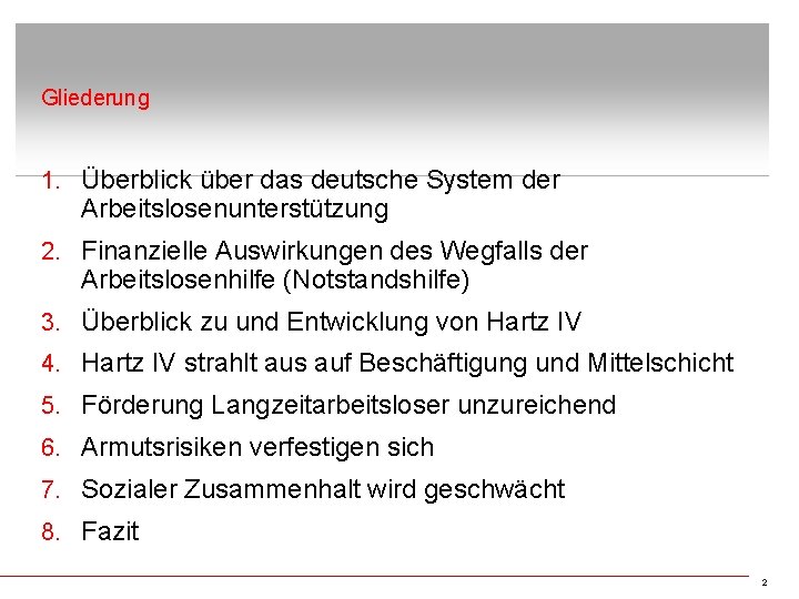 Gliederung 1. Überblick über das deutsche System der Arbeitslosenunterstützung 2. Finanzielle Auswirkungen des Wegfalls