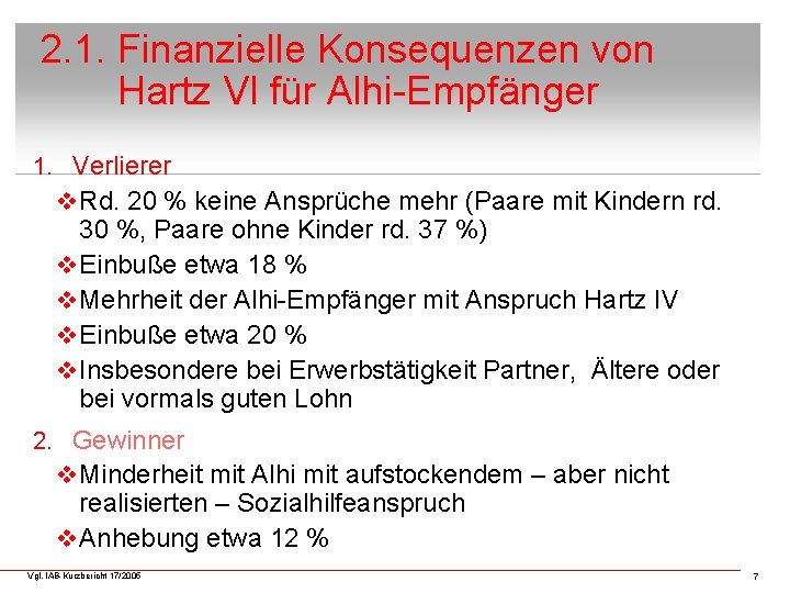 2. 1. Finanzielle Konsequenzen von Hartz VI für Alhi-Empfänger 1. Verlierer v Rd. 20