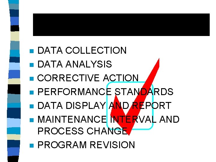 n n n n DATA COLLECTION DATA ANALYSIS CORRECTIVE ACTION PERFORMANCE STANDARDS DATA DISPLAY