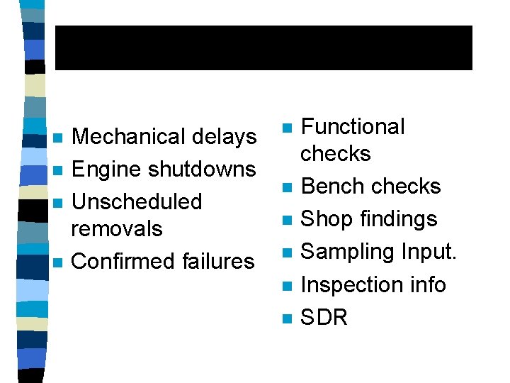 n n Mechanical delays Engine shutdowns Unscheduled removals Confirmed failures n n n Functional