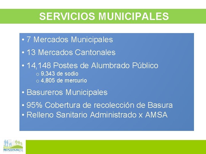 SERVICIOS MUNICIPALES • 7 Mercados Municipales • 13 Mercados Cantonales • 14, 148 Postes