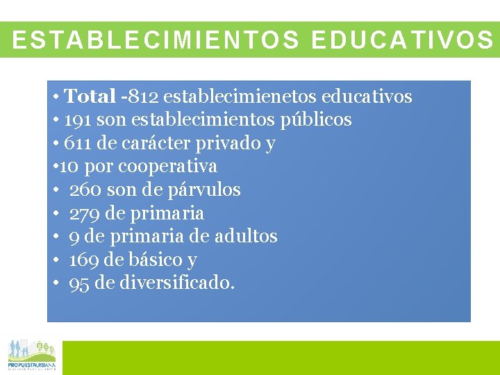 ESTABLECIMIENTOS EDUCATIVOS • Total -812 establecimienetos educativos • 191 son establecimientos públicos • 611