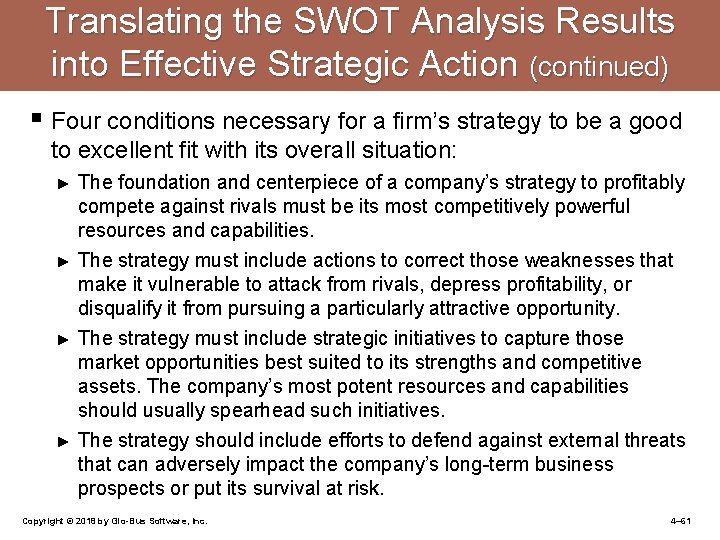 Translating the SWOT Analysis Results into Effective Strategic Action (continued) § Four conditions necessary