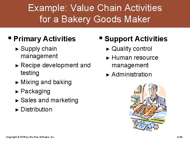 Example: Value Chain Activities for a Bakery Goods Maker § Primary Activities § Support