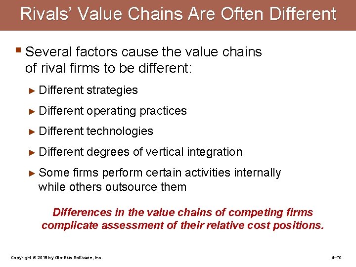 Rivals’ Value Chains Are Often Different § Several factors cause the value chains of