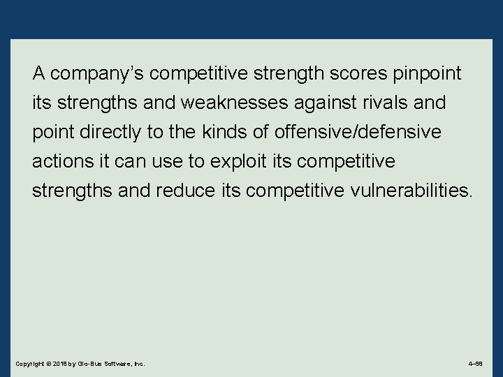 A company’s competitive strength scores pinpoint its strengths and weaknesses against rivals and point