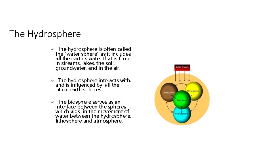 The Hydrosphere a The hydrosphere is often called the "water sphere" as it includes