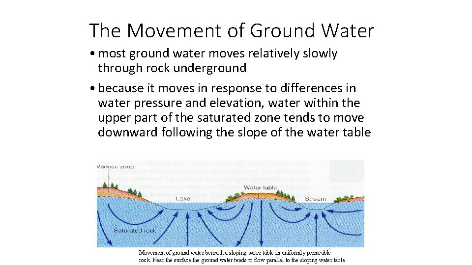 The Movement of Ground Water • most ground water moves relatively slowly through rock