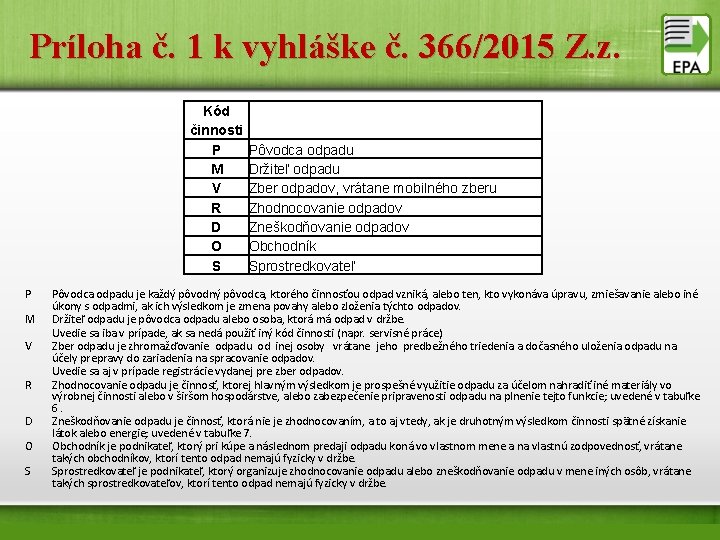 Príloha č. 1 k vyhláške č. 366/2015 Z. z. Kód činnosti P M V