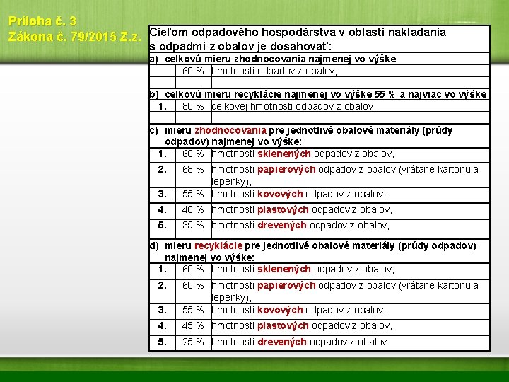 Príloha č. 3 Zákona č. 79/2015 Z. z. Cieľom odpadového hospodárstva v oblasti nakladania