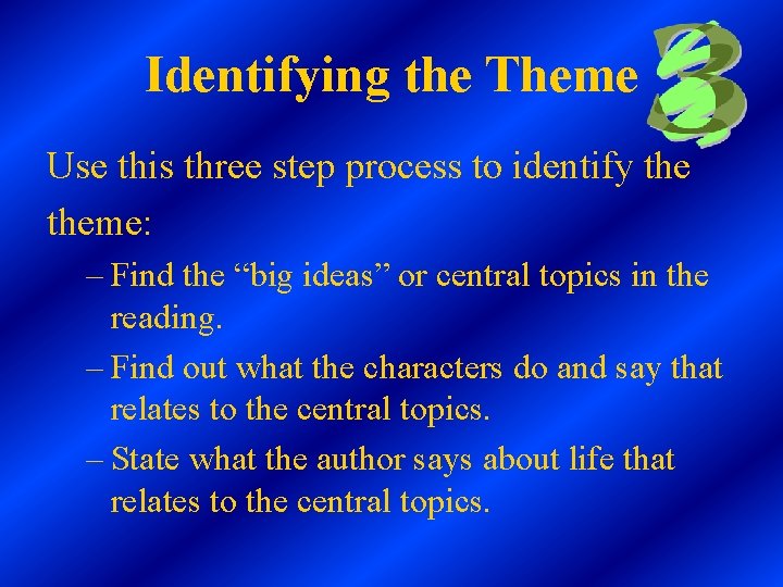 Identifying the Theme Use this three step process to identify theme: – Find the Identifying the Theme Use this three step process to identify theme: – Find the