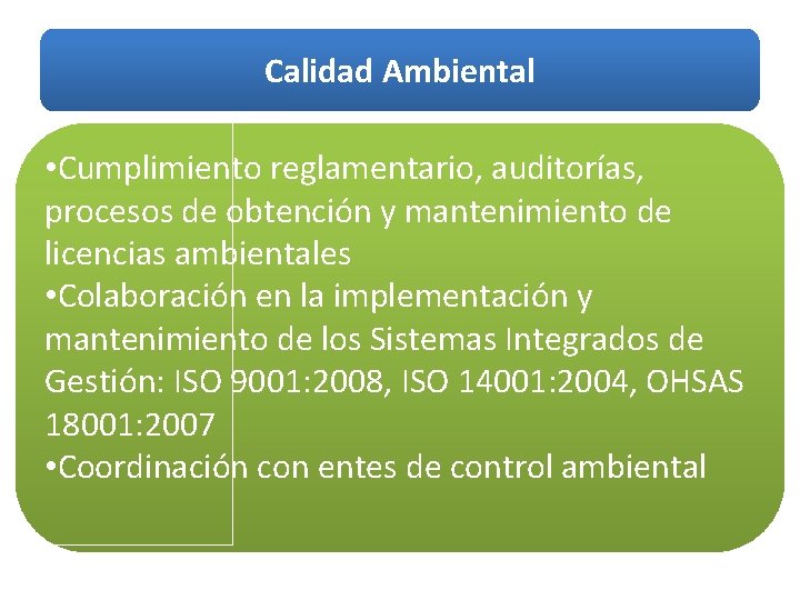 Calidad Ambiental • Cumplimiento reglamentario, auditorías, procesos de obtención y mantenimiento de licencias ambientales