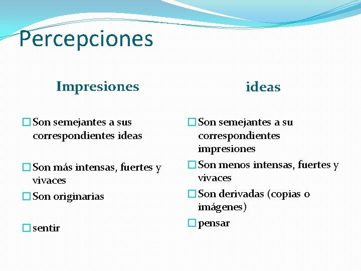 Percepciones Impresiones �Son semejantes a sus correspondientes ideas �Son más intensas, fuertes y vivaces