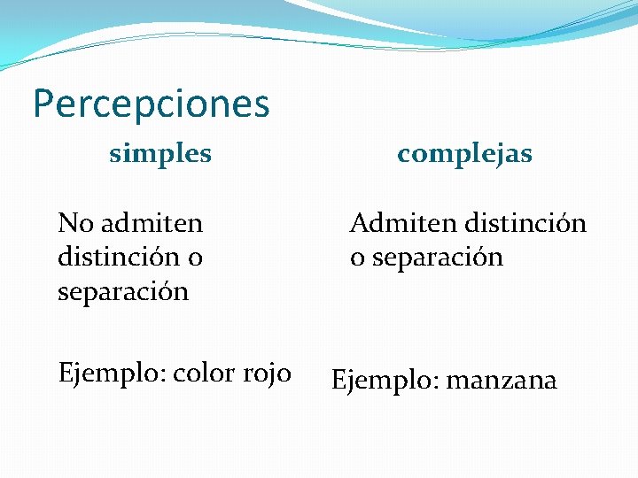 Percepciones simples No admiten distinción o separación Ejemplo: color rojo complejas Admiten distinción o