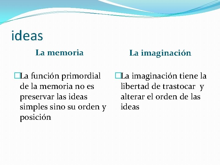 ideas La memoria La imaginación �La función primordial �La imaginación tiene la de la