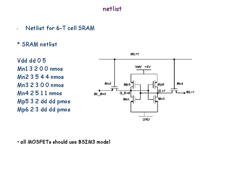 netlist • Netlist for 6 -T cell SRAM * SRAM netlist Vdd dd 0 netlist • Netlist for 6 -T cell SRAM * SRAM netlist Vdd dd 0