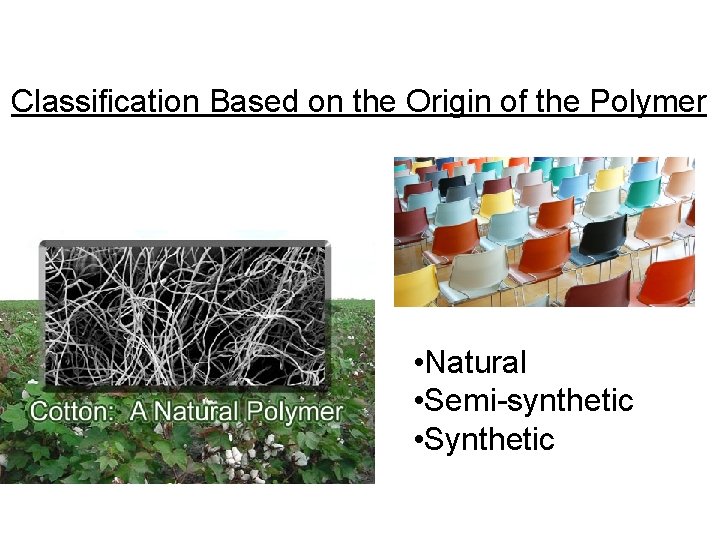 Classification Based on the Origin of the Polymer • Natural • Semi-synthetic • Synthetic