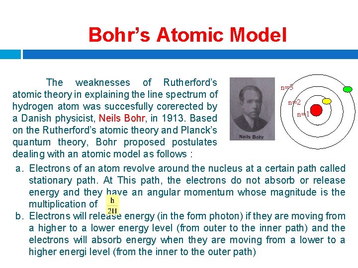 Bohr’s Atomic Model The weaknesses of Rutherford’s n=3 atomic theory in explaining the line