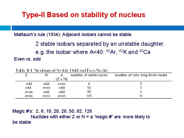 Type-II Based on stability of nucleus Mattauch’s rule (1934): Adjacent isobars cannot be stable.