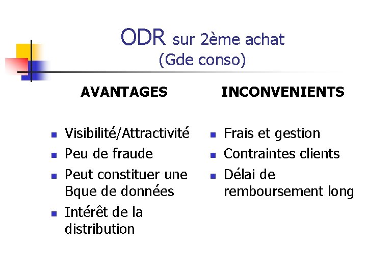 ODR sur 2ème achat (Gde conso) AVANTAGES n n Visibilité/Attractivité Peu de fraude Peut