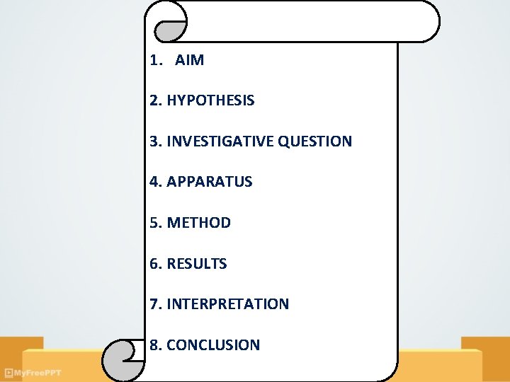 1. AIM 2. HYPOTHESIS 3. INVESTIGATIVE QUESTION 4. APPARATUS 5. METHOD 6. RESULTS 7. 1. AIM 2. HYPOTHESIS 3. INVESTIGATIVE QUESTION 4. APPARATUS 5. METHOD 6. RESULTS 7.