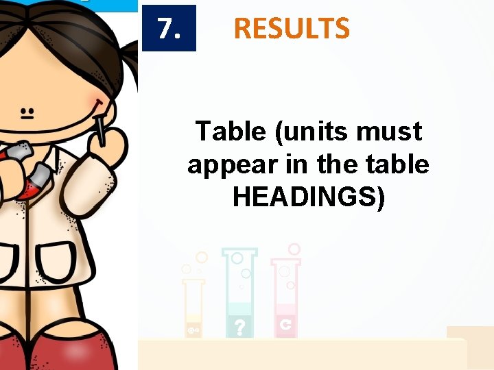 7. RESULTS Table (units must appear in the table HEADINGS) 7. RESULTS Table (units must appear in the table HEADINGS)