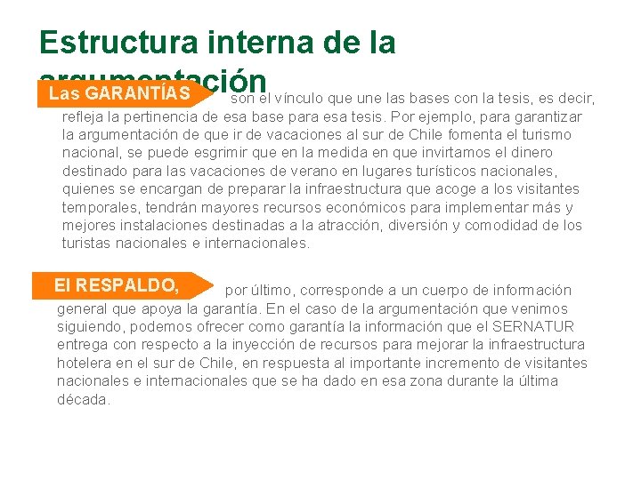 Estructura interna de la argumentación Las GARANTÍAS son el vínculo que une las bases