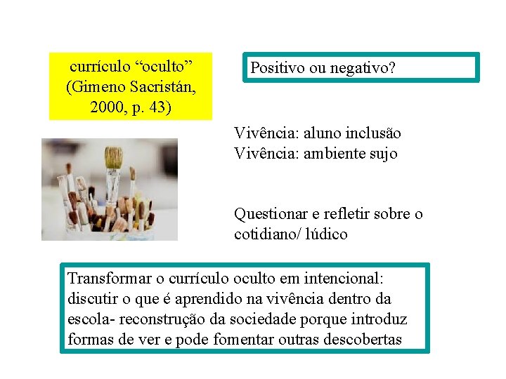 currículo “oculto” (Gimeno Sacristán, 2000, p. 43) Positivo ou negativo? Vivência: aluno inclusão Vivência: