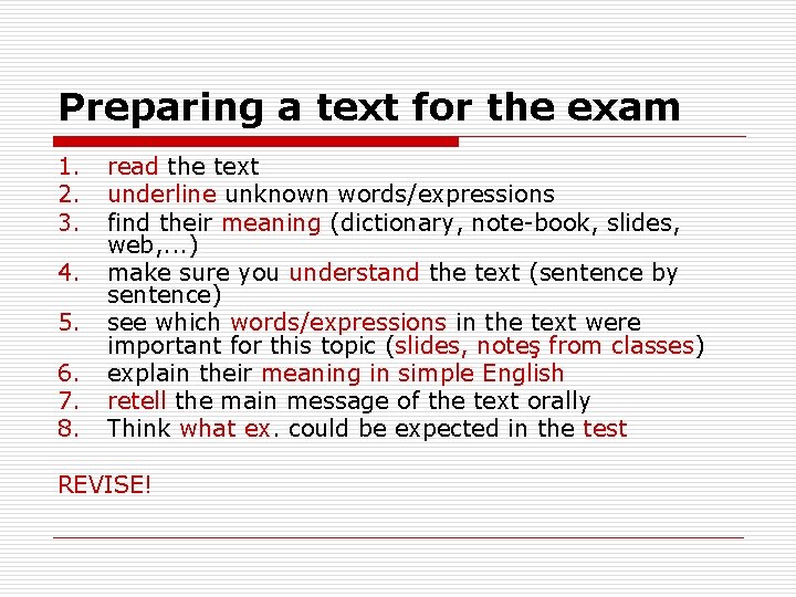 Preparing a text for the exam 1. 2. 3. 4. 5. 6. 7. 8. Preparing a text for the exam 1. 2. 3. 4. 5. 6. 7. 8.