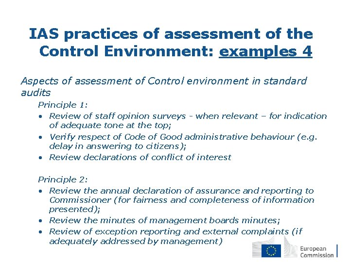 IAS practices of assessment of the Control Environment: examples 4 Aspects of assessment of