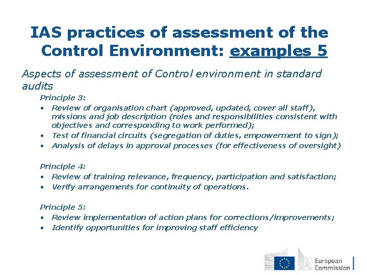 IAS practices of assessment of the Control Environment: examples 5 Aspects of assessment of